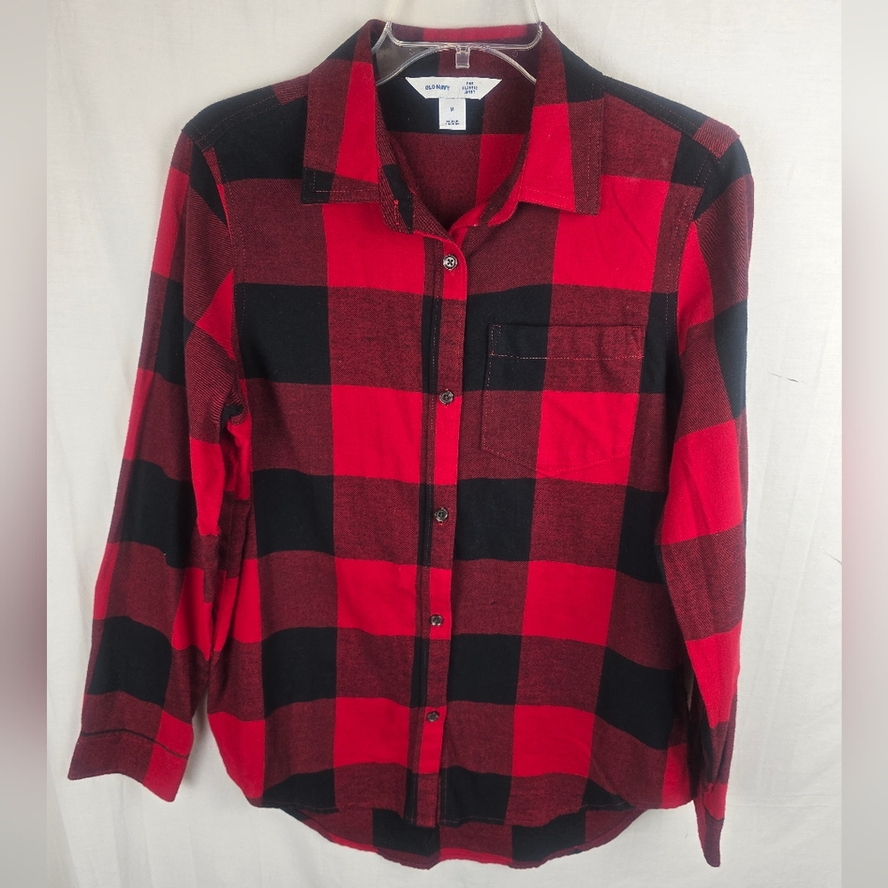 Old Navy The Classic Shirt Red and Black Plaid Long Sleeve Shirt Sz M - Picture 1 of 7